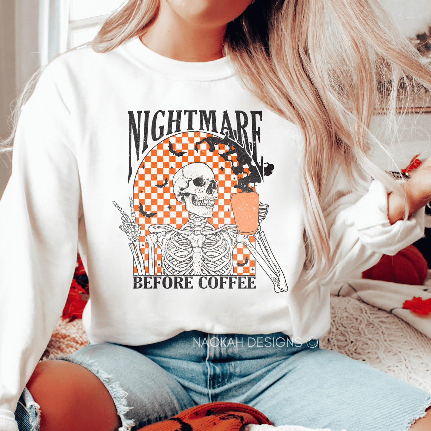 Nightmare Before Coffee Sweater, Fall Sweatshirt, Halloween Shirt, Fall Shirt, Autumn Checkered, Pumpkin Shirt, Skeleton Coffee Sweater