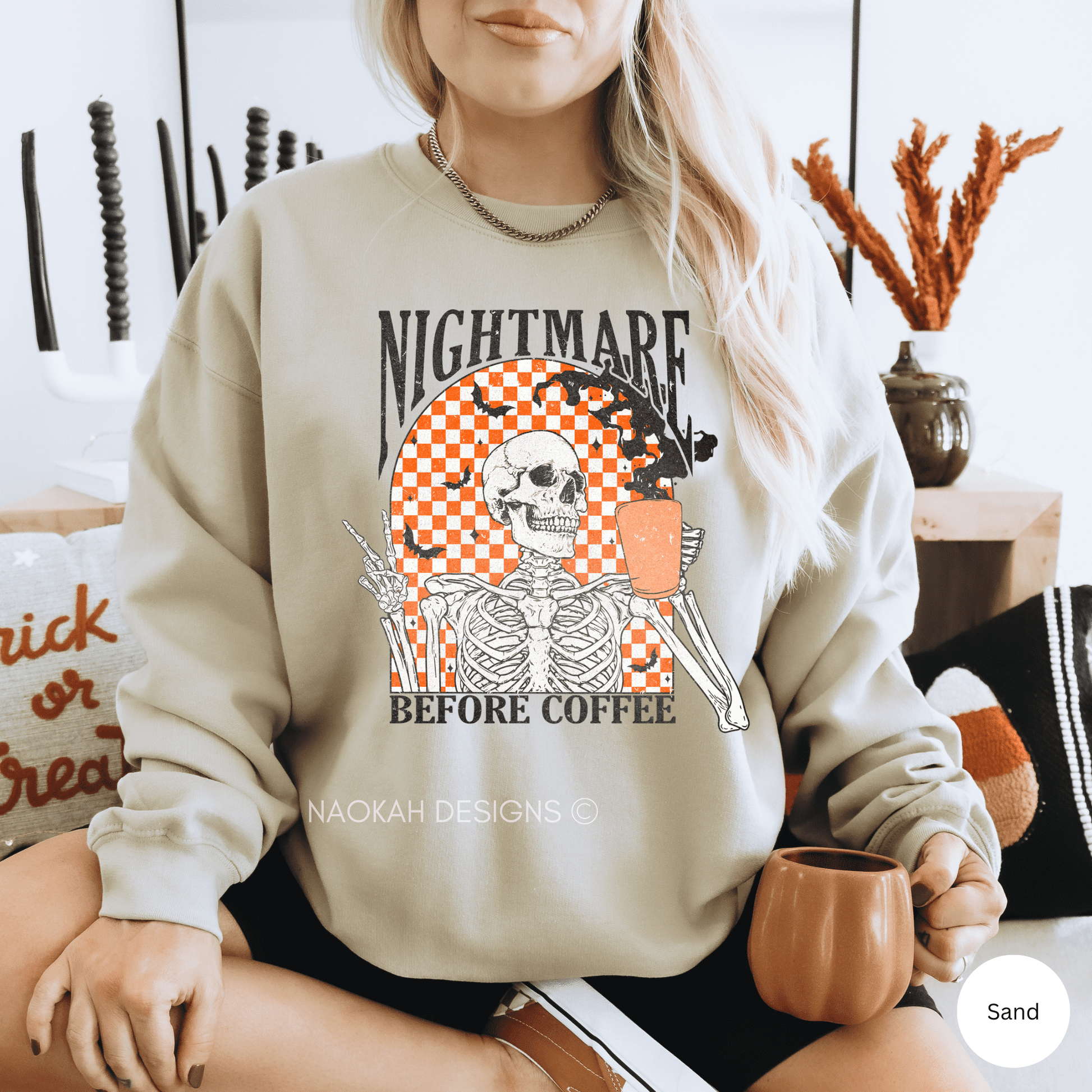 Nightmare Before Coffee Sweater, Fall Sweatshirt, Halloween Shirt, Fall Shirt, Autumn Checkered, Pumpkin Shirt, Skeleton Coffee Sweater