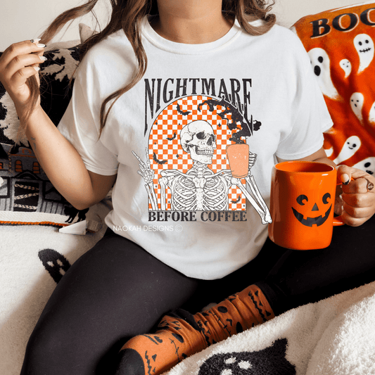Nightmare Before Coffee Shirt, Halloween T-Shirt, Fall Shirt, Autumn Checkered Shirt, Pumpkin Shirt, Skeleton Coffee Shirt, Spooky Shirt