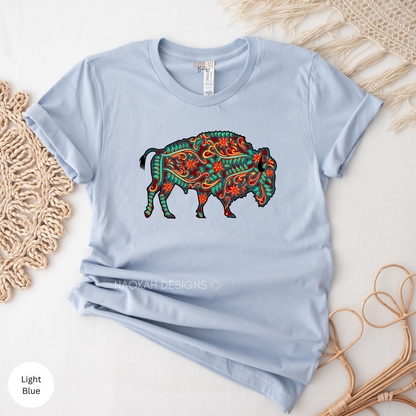 Buffalo Floral Turquoise Shirt, Indigenous bison shirt, Native buffalo shirt, native beaded design, Indigenous beaded png, Indigenous shirt, tribal shirt, aztec shirt, southwestern buffalo shirt