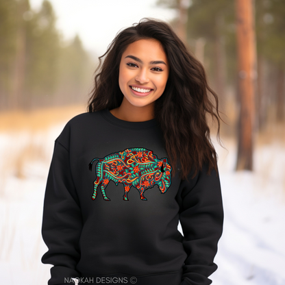 Buffalo Floral Turquoise Sweater, Indigenous bison shirt, Native buffalo shirt, native beaded design, Indigenous beaded png, Indigenous shirt, tribal shirt, aztec shirt, southwestern buffalo shirt