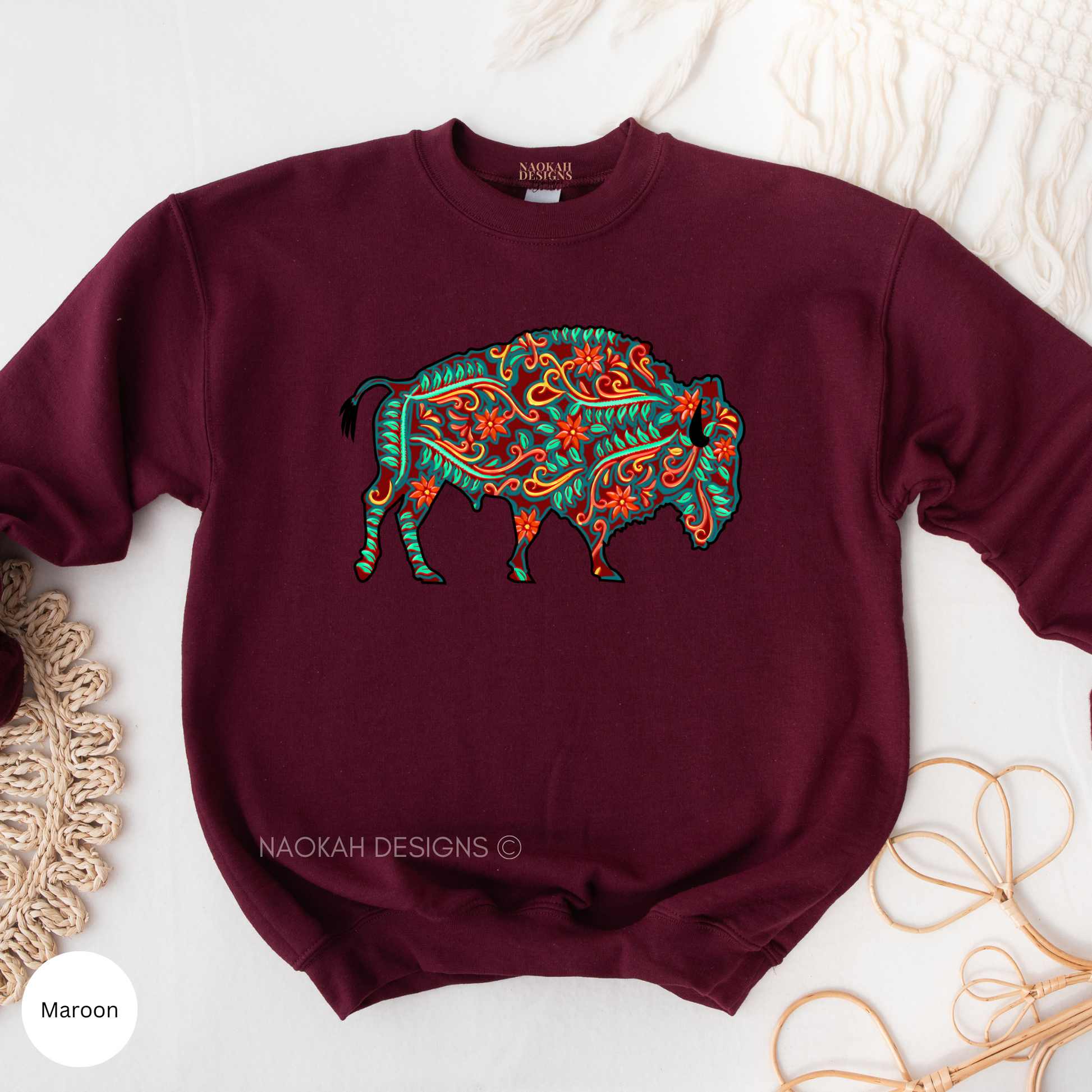 Buffalo Floral Turquoise Sweater, Indigenous bison shirt, Native buffalo shirt, native beaded design, Indigenous beaded png, Indigenous shirt, tribal shirt, aztec shirt, southwestern buffalo shirt