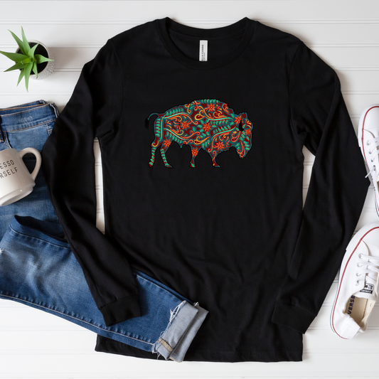 Buffalo Floral Turquoise Shirt, Indigenous bison shirt, Native buffalo shirt, native beaded design, Indigenous beaded png, Indigenous shirt, tribal shirt, aztec shirt, southwestern buffalo shirt