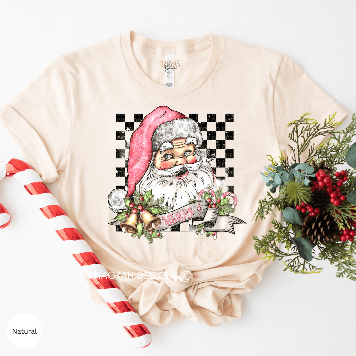 christmas santa checkered shirt, pink retro santa shirt, santa bells shirt, groovy checkered santa shirt, pink christmas shirt