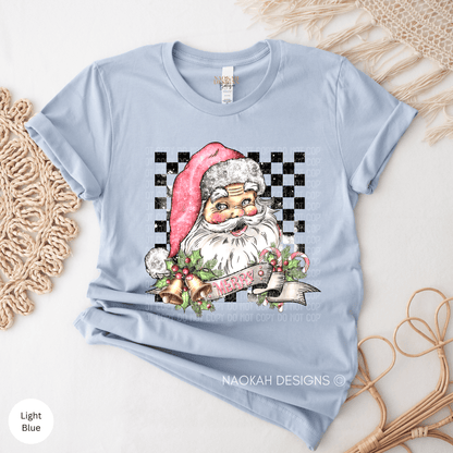 Christmas Santa Checkered Shirt, Pink Retro Santa Shirt, Santa Bells Shirt, Groovy Checkered Santa Shirt, Pink Christmas Shirt