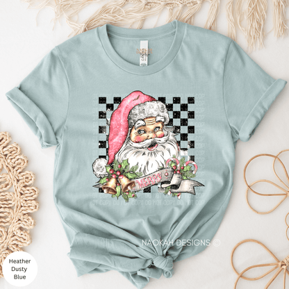 Christmas Santa Checkered Shirt, Pink Retro Santa Shirt, Santa Bells Shirt, Groovy Checkered Santa Shirt, Pink Christmas Shirt