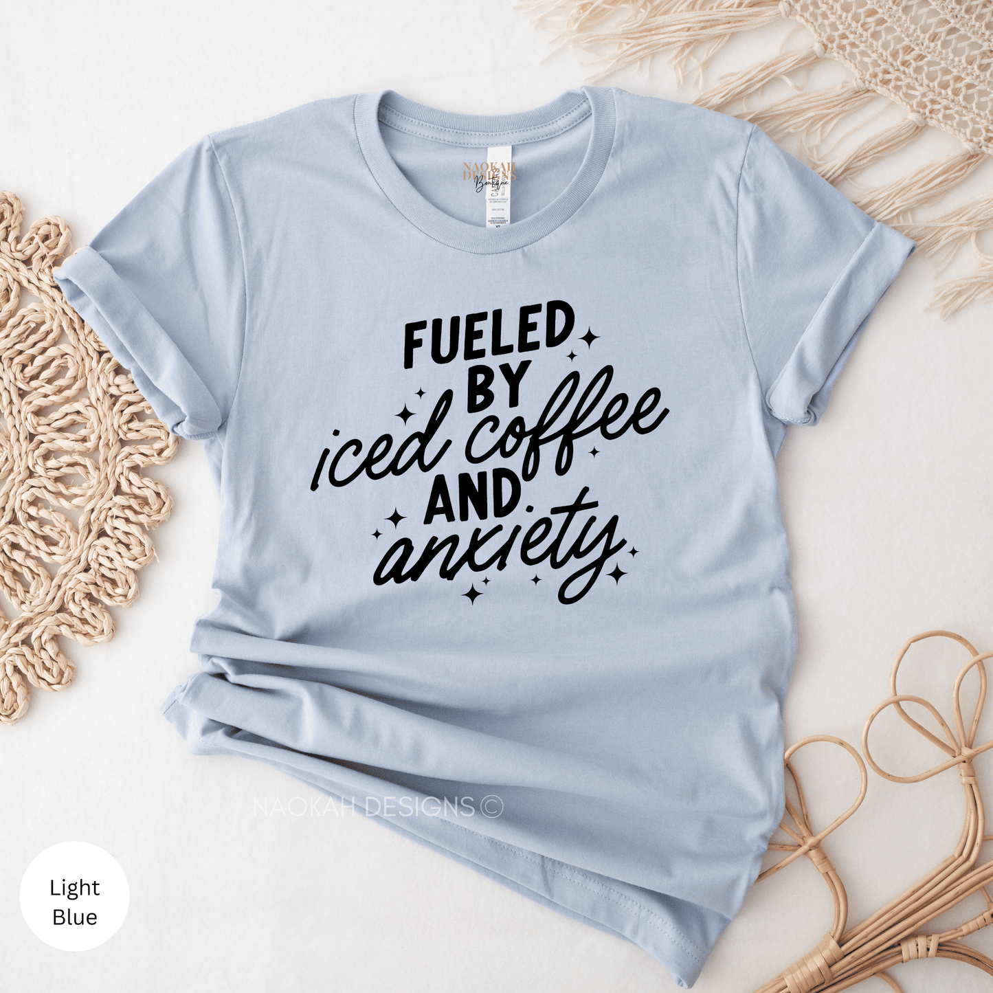 fueled by iced coffee and anxiety shirt, iced coffee addict shirt, mental health shirt, anxiety shirt, overstimulated moms club shirt