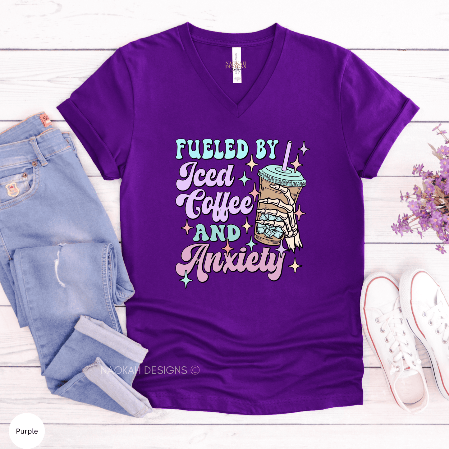 fueled by iced coffee and anxiety shirt, iced coffee addict shirt, overstimulated mom, anxiety shirt, skeleton, mama skellie