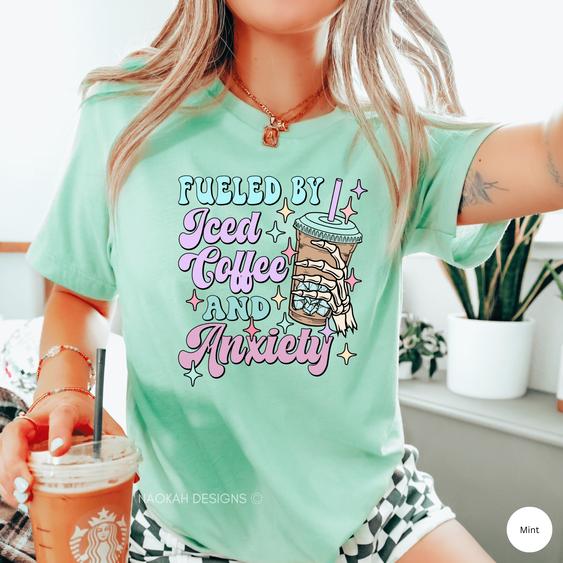 Fueled By Iced Coffee and Anxiety Shirt, Iced Coffee Addict Shirt, Overstimulated Mom, Anxiety Shirt, Skeleton, Mama Skellie