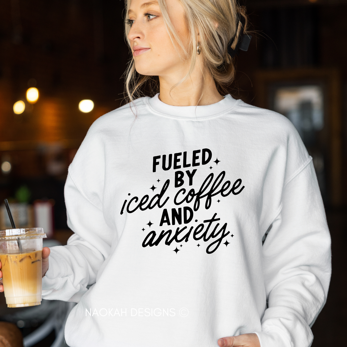 fueled by iced coffee and anxiety sweater, iced coffee addict sweater, mental health shirt, anxiety shirt, overstimulated moms club shirt