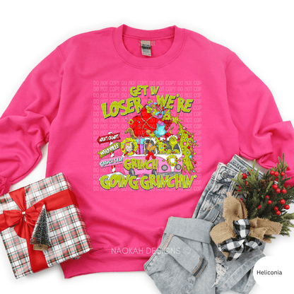 Get In Loser We're Going Grnchin' Sweatshirt, Merry Christmas Sweater, Movie Christmas Characters, Trendy Christmas Lights