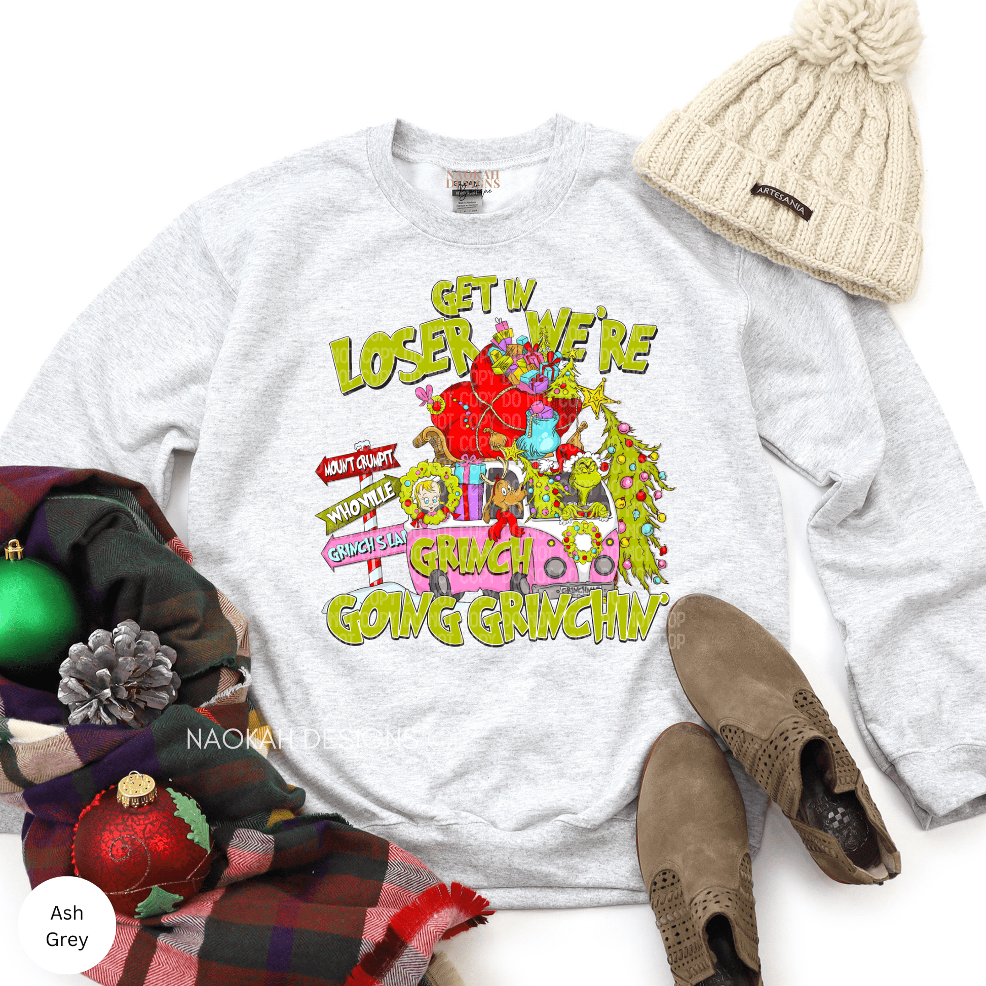Get In Loser We're Going Grnchin' Sweatshirt, Merry Christmas Sweater, Movie Christmas Characters, Trendy Christmas Lights