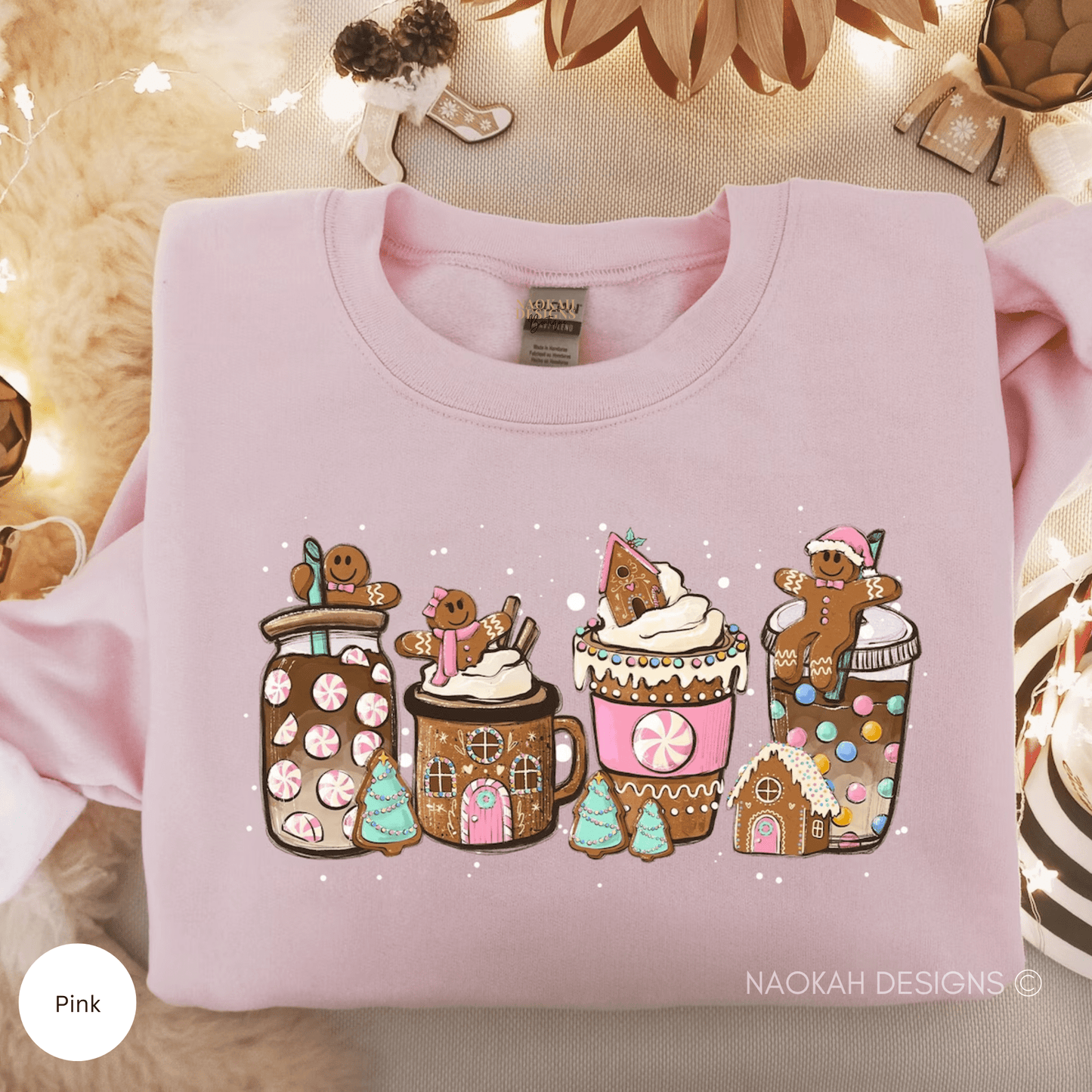 gingerbread christmas coffee sweater, christmas coffee sweater, women holiday shirt, coffee lover gift, latte drink shirt, pink christmas