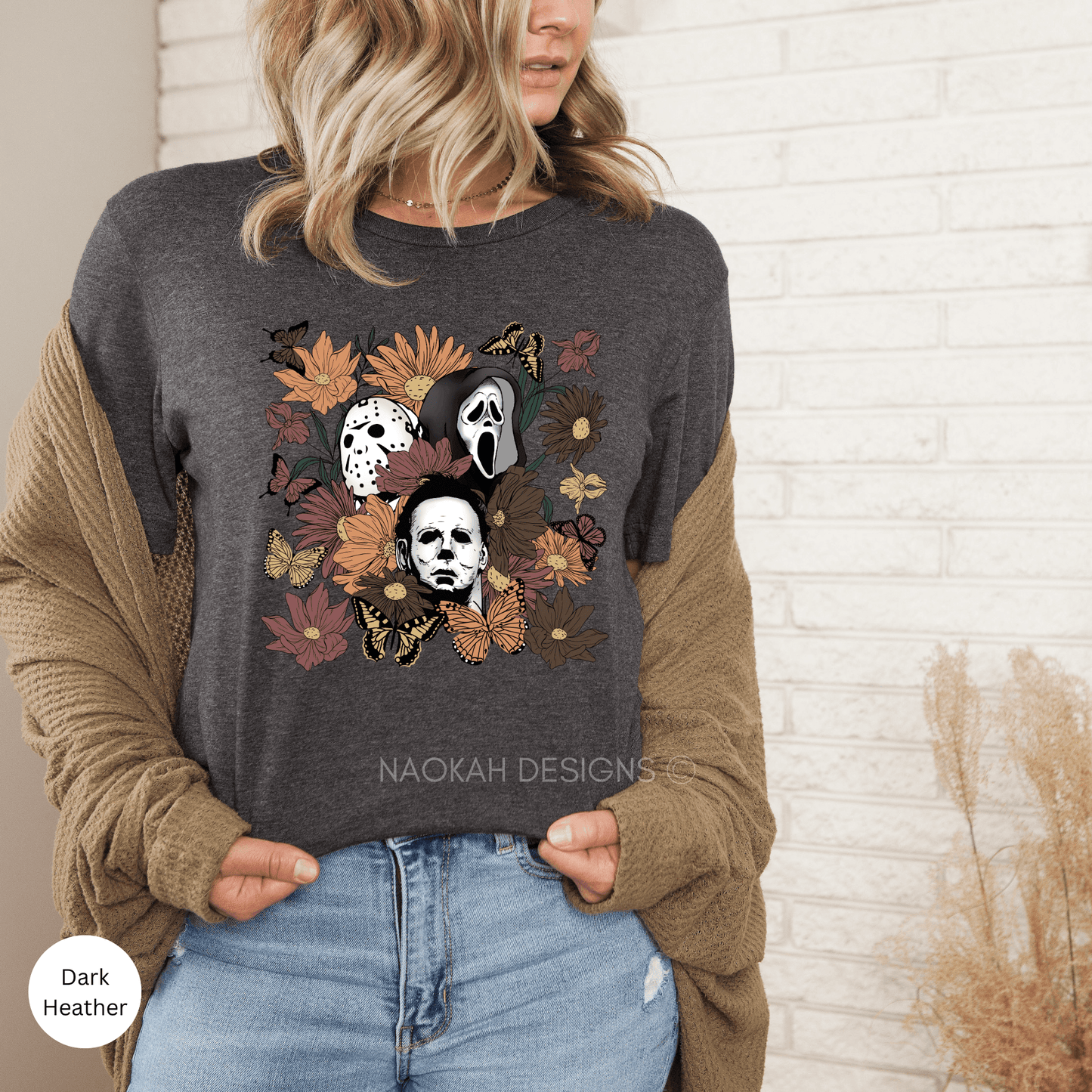 halloween floral horror shirt, horror scary movie jason ghostface michael boho flower shirt, vintage retro halloween shirt