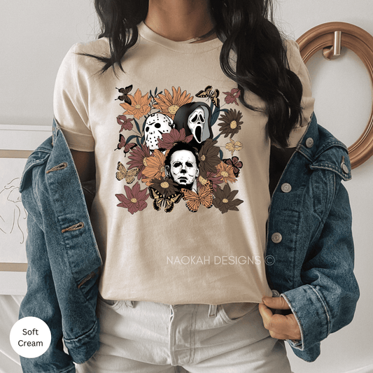 Halloween Floral Horror Shirt, Horror Scary Movie Jason Ghostface Michael Boho Flower Shirt, Vintage Retro Halloween Shirt