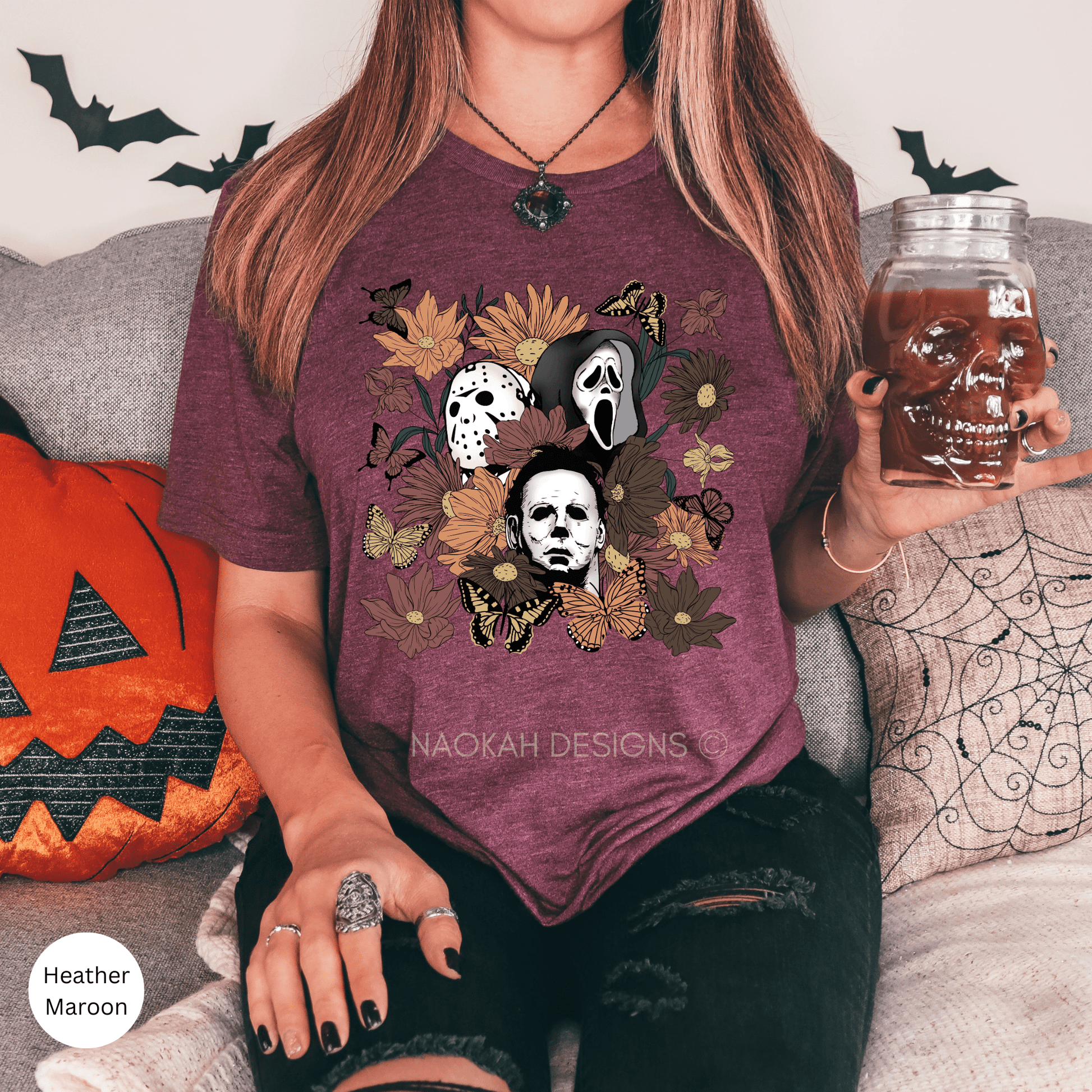 Halloween Floral Horror Shirt, Horror Scary Movie Jason Ghostface Michael Boho Flower Shirt, Vintage Retro Halloween Shirt