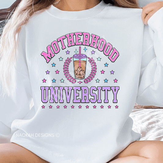 Motherhood University Sweater, Tired as a Mother, Mom Shirt, Mama tie-dye, Tie Dye Sweater, Mothers Day Coffee Shirt, Mom Iced Coffee Shirt