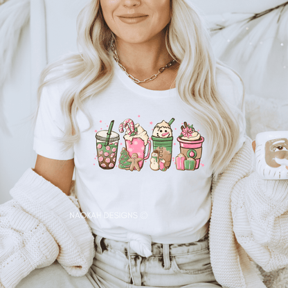 Pink Christmas Coffee Shirt, Peppermint Iced Latte Shirt, Snowman Latte Shirt, Women Holiday Christmas Shirt Holiday Baking Crew Shirt