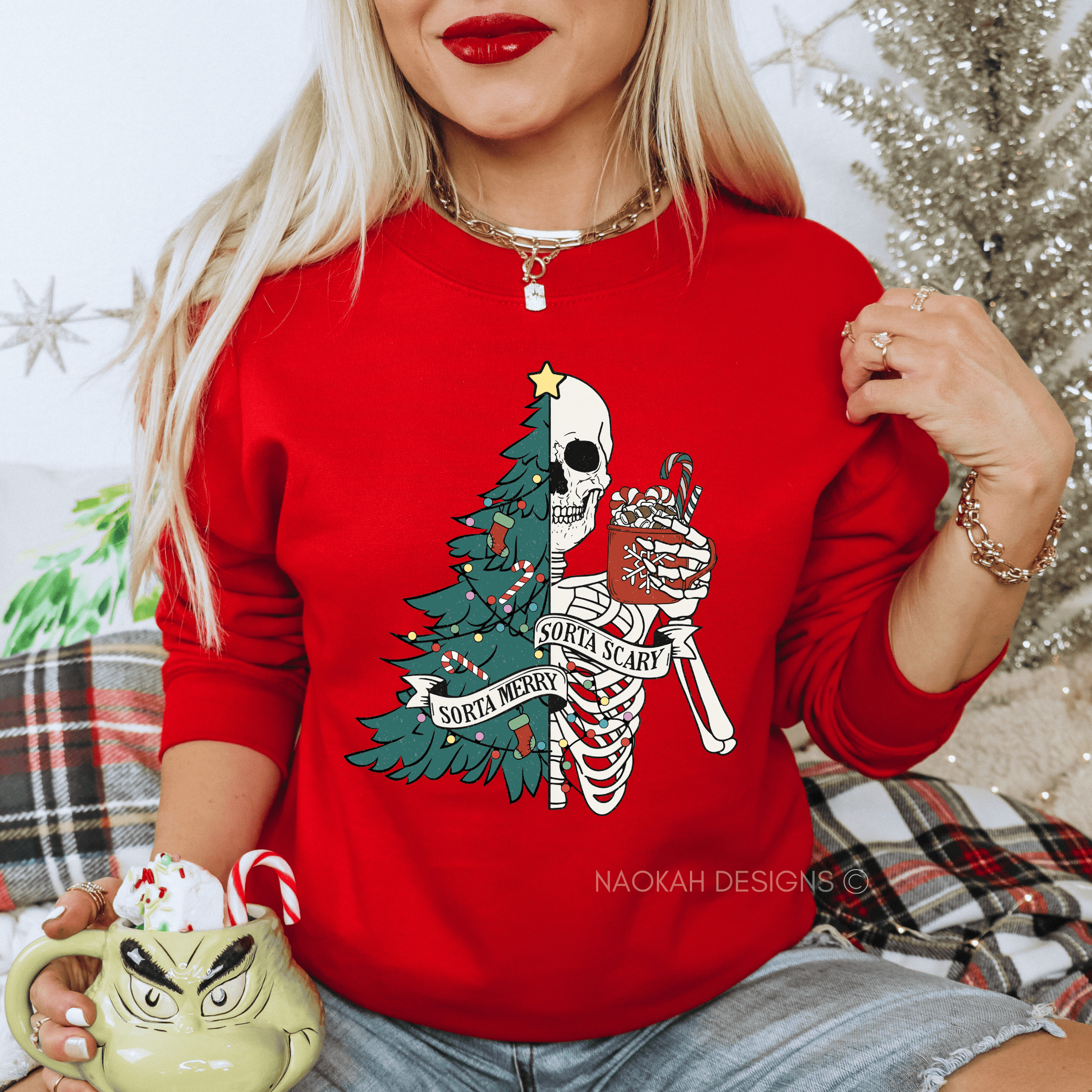Sorta Merry Sorta Scary Crewneck, Funny Christmas Sweatshirt, Cute Spooky Season Sweater, Custom Christmas Skeleton Sweatshirt
