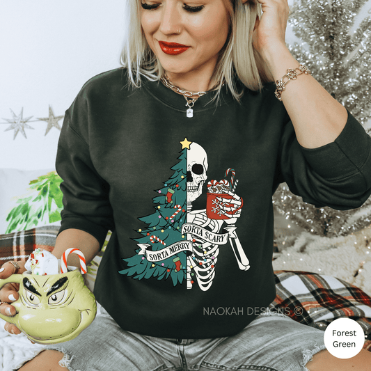 Sorta Merry Sorta Scary Crewneck, Funny Christmas Sweatshirt, Cute Spooky Season Sweater, Custom Christmas Skeleton Sweatshirt