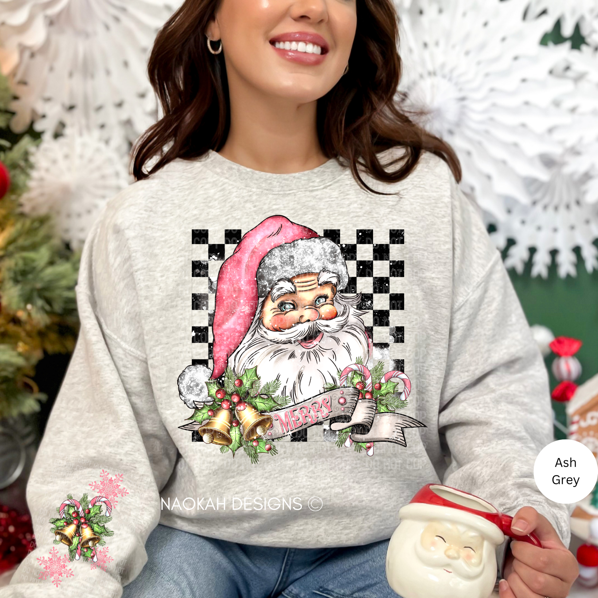 Vintage Santa Merry Christmas Checkered Sweater, Christmas Santa Pink Sweater, Sleeve Design, Nostalgic Christmas Sweater, Retro Santa