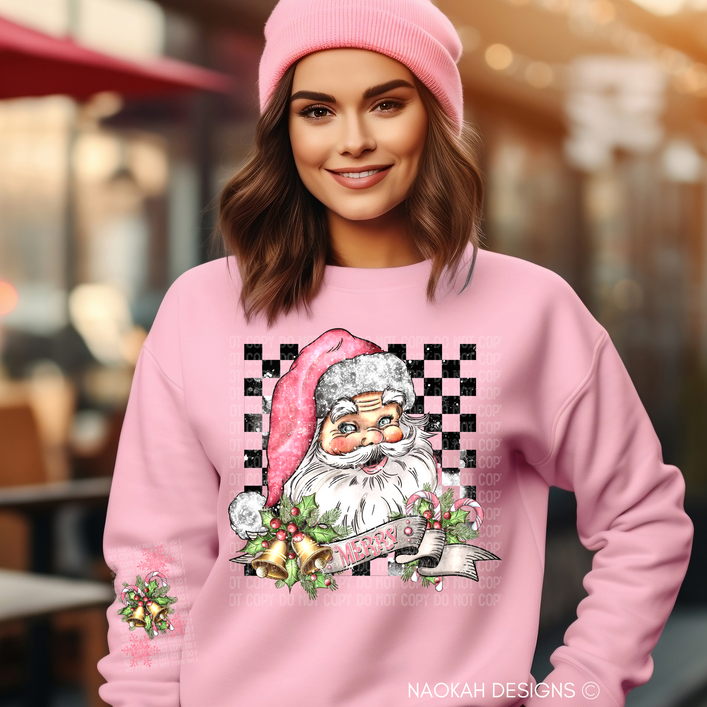 vintage santa merry christmas checkered sweater, christmas santa pink sweater, sleeve design, nostalgic christmas sweater, retro santa