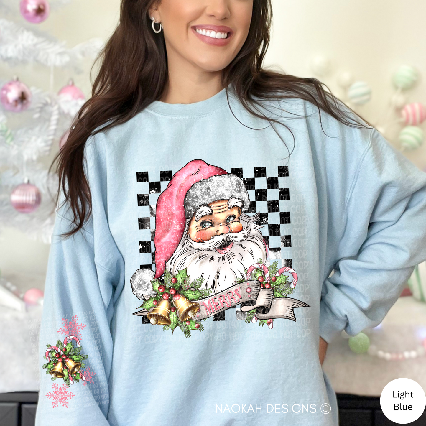 vintage santa merry christmas checkered sweater, christmas santa pink sweater, sleeve design, nostalgic christmas sweater, retro santa