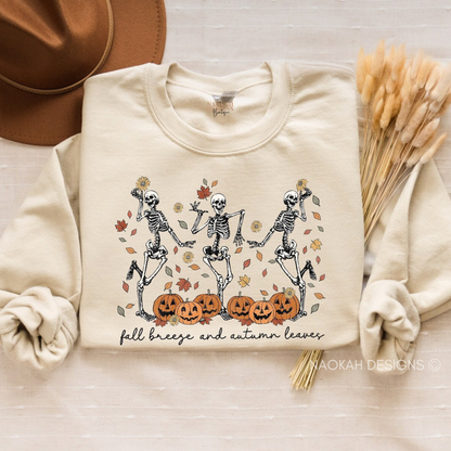 Fall Breeze and Autumn Leaves Sweatshirt, Halloween Sweatshirt, Dancing Skeletons Hoodie, Spooky Fall Sweatshirt, Pumpkin Sweatshirt Gift