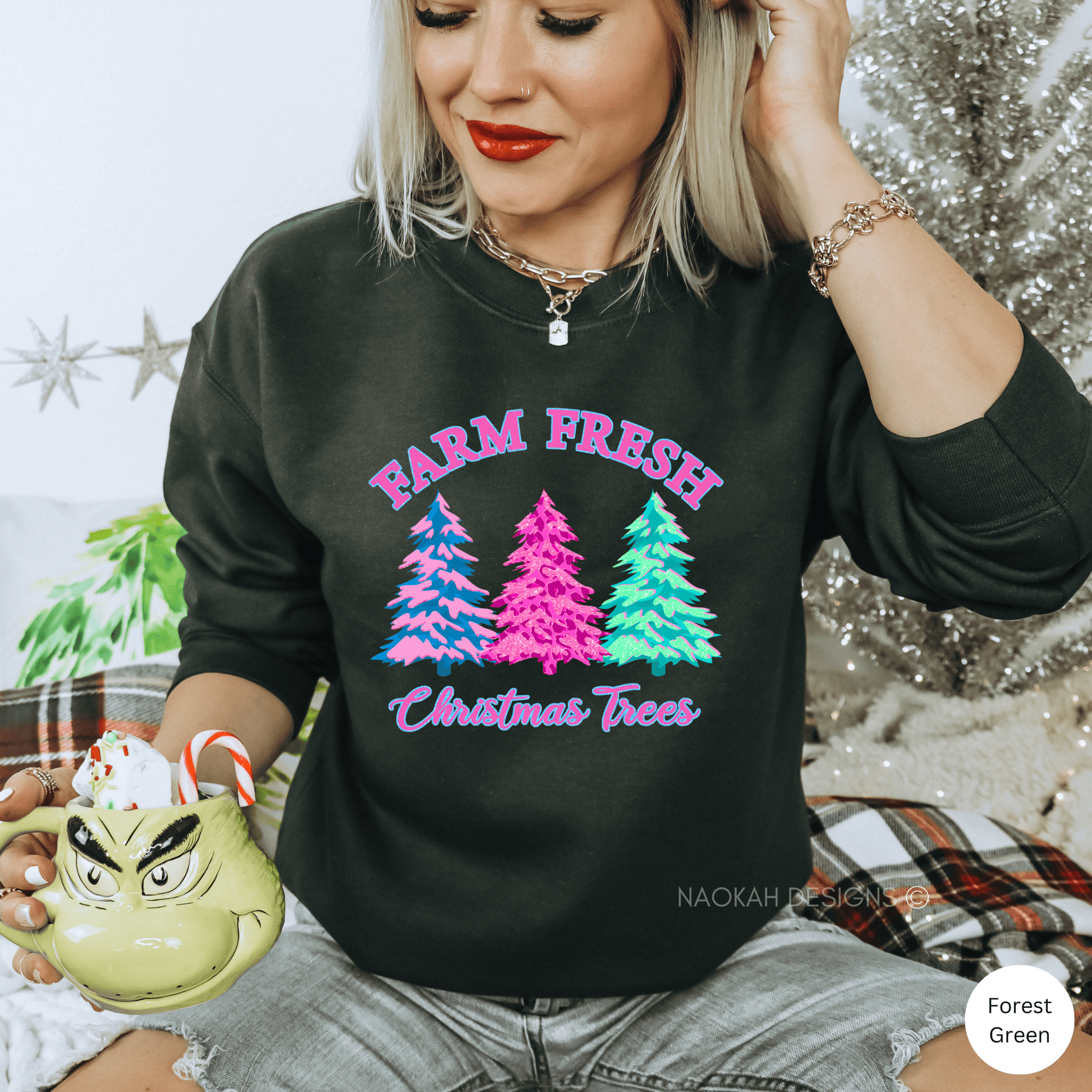farm fresh Christmas trees pink glitter sweater, farm fresh christmas trees shirt, tree farm sweatshirt, pine fir trees