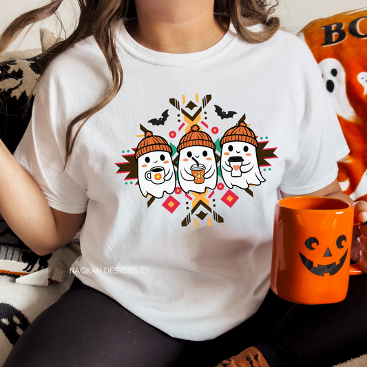 ghost floral coffee shirt, indigenous halloween shirt, spooky floral shirt, fall fashion shirt, themed coffee shirts, Halloween apparel, floral graphic tee, indigenous culture clothing, seasonal shirts, unique Halloween shirts, coffee lover gifts, artistic Halloween shirts, eco-friendly Halloween shirts, cultural representation in clothing, comfortable graphic tees, festive coffee shirts, creative Halloween outfits, boho style shirts, cozy autumn wear