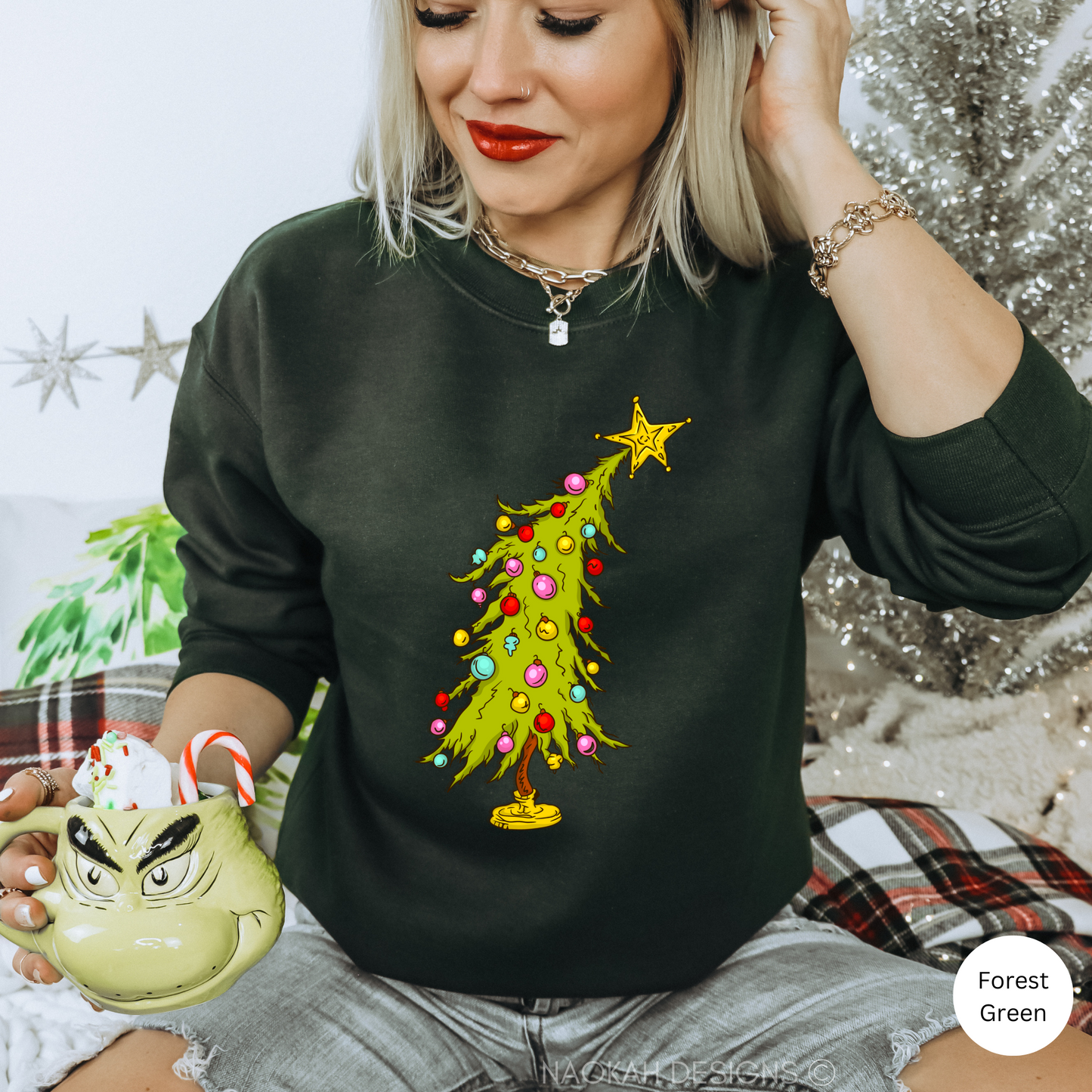 grnch tree sweatshirt, merry christmas sweater, movie christmas characters, trendy christmas lights, merry and bright sweater