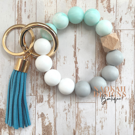Beaded Silicone Keychain Wristlet - Aqua and Marble Beads