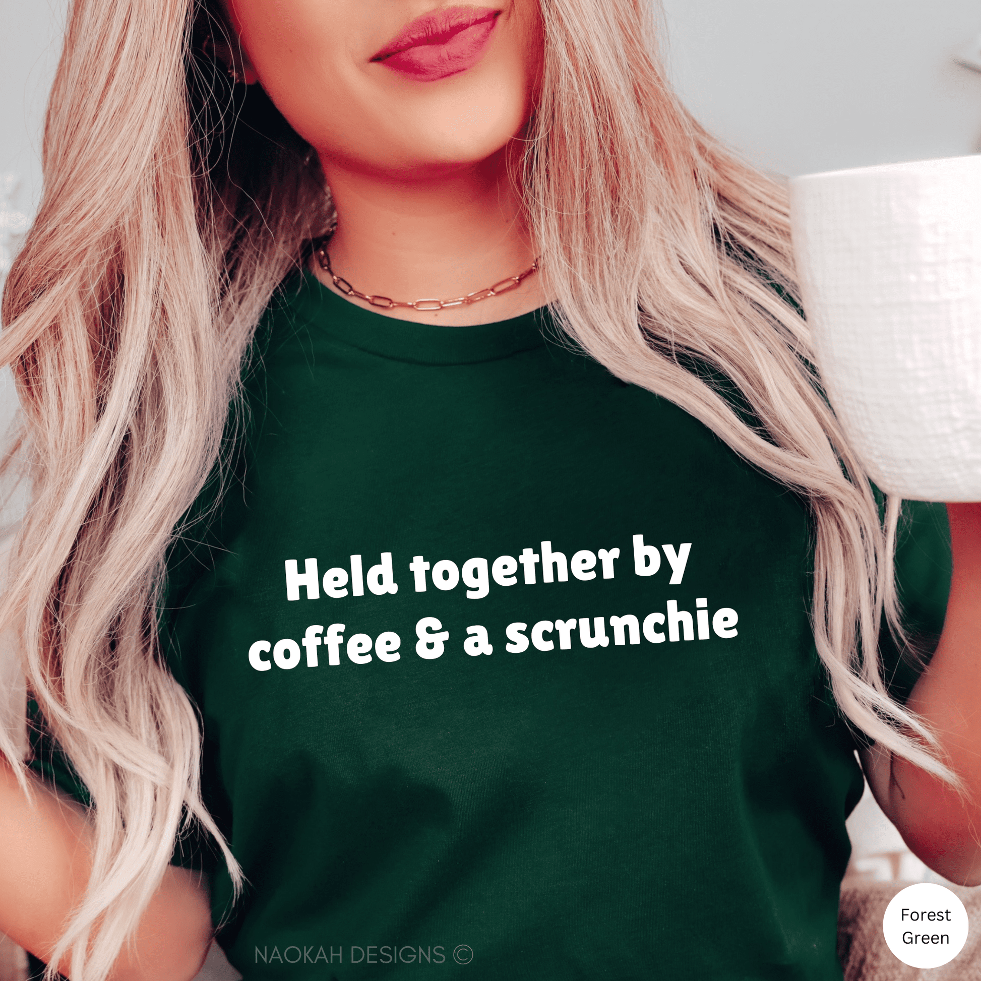 Held Together By Coffee and a Scrunchie Shirt, Coffee Shirt, Summer Tee, Coffee Lover Shirt, Barista Shirt, Iced Coffee Addict Shirt, coffee scrunchie, coffee-colored scrunchie, coffee-colored hair tie, coffee-colored elastic hair tie, coffee hair accessory, elastic hair tie with coffee print, scrunchy with coffee color, scrunchies with coffee motif, coffee colored hair scrunchies, coffee hair scrunchie