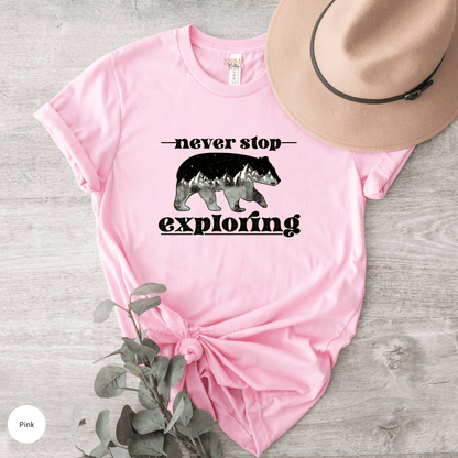 Never Stop Exploring Shirt, Travel Shirt, Unisex Travel Shirt, Camp Lover, Camping Shirt, Vacation Shirt, Hiking Shirt, Adventure Tee